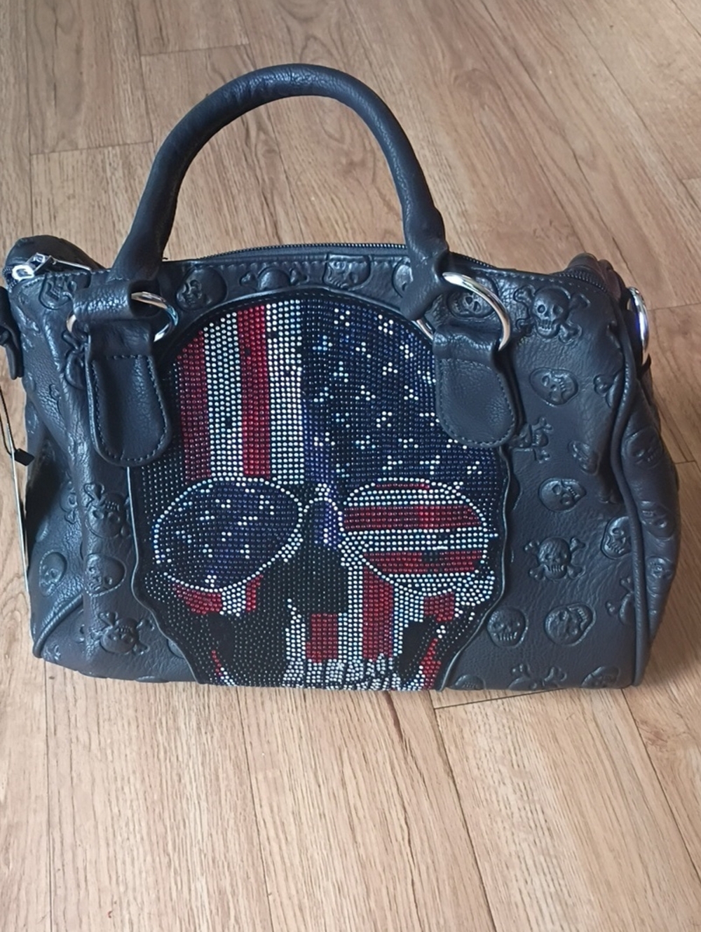 Black Skull-Accent Satchel with American Crystal Skull Panel